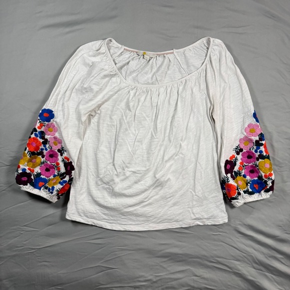 Boden Tops - Boden White Poppy Floral Embroidered Puff Sleeve Peasant Top Sz 6 Cottagecore